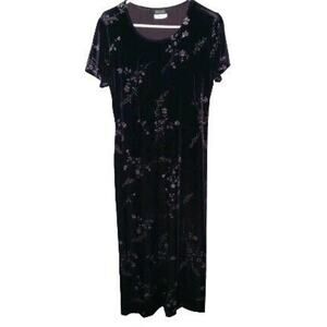 VTG Women's Purple Velvet Silver Glitter Floral Midi Dress 10 Cottagecore Witchy